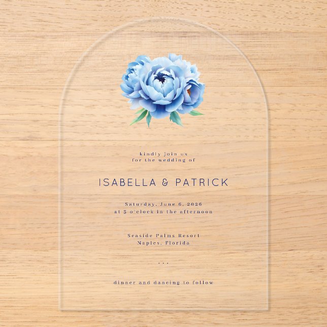 Invitaciones Acrílicas Elegant Blue Peony Wedding Invitation (Anverso)