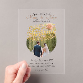Invitaciones Acrílicas Elegant Blush Dahlias Golden Script Wedding Photo