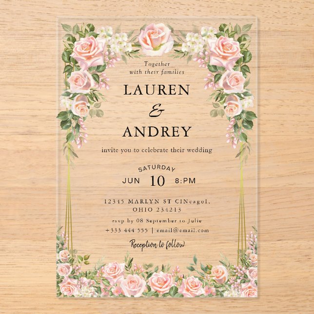 Invitaciones Acrílicas Elegant Blush Floral Modern Wedding (Anverso)