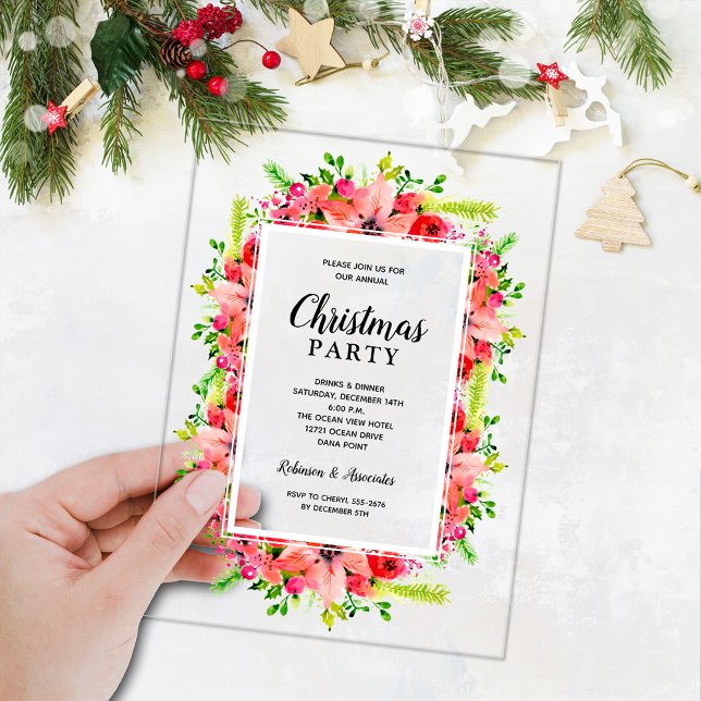 Invitaciones Acrílicas Elegant Botanical Floral Christmas Party (Elegant florals on ACRYLIC  Christmas party invitations)