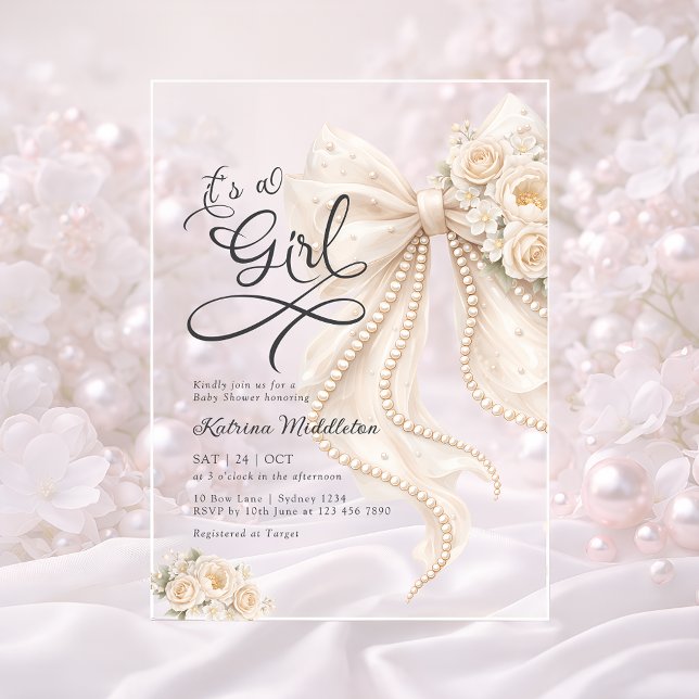 Invitaciones Acrílicas Elegant Bow Floral It's a Girl Baby Shower (Subido por el creador)