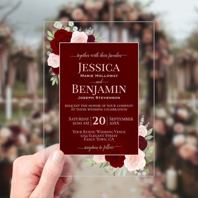 Invitaciones Acrílicas Elegant Burgundy Blush Roses Stylish Text Wedding (Clear Acrylic with Rectangle Cut)