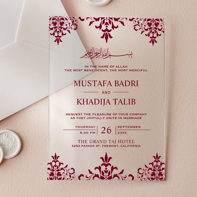 Invitaciones Acrílicas Elegant Burgundy Damask Islamic Wedding (Subido por el creador)
