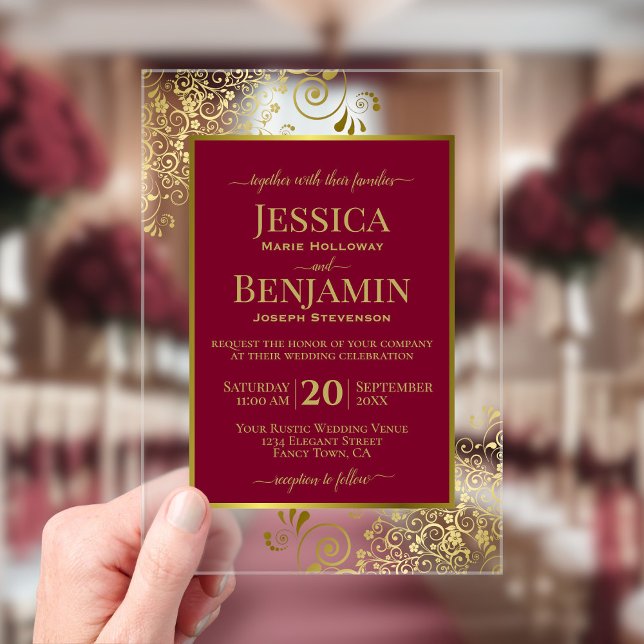 Invitaciones Acrílicas Elegant Burgundy Red & Gold Stylish Text Wedding (Subido por el creador)