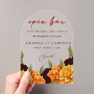 Invitaciones Acrílicas Elegant Burgundy Red  "MARIGOLD" Wedding Open Bar