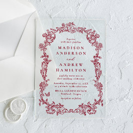 Invitaciones Acrílicas Elegant Burgundy Victorian Floral Frame Wedding