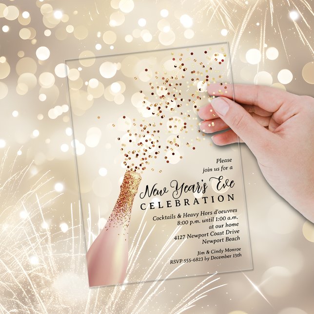 Invitaciones Acrílicas Elegant Champagne New Year's Eve (Elegant Champagne bottle and sequin spray New Year's Eve ACRYLIC party invitations, CLEAR or FROSTED)