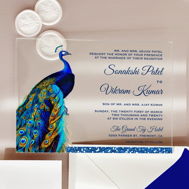 Invitaciones Acrílicas Elegant Chic Blue Glitter Peacock Indian Wedding (Subido por el creador)