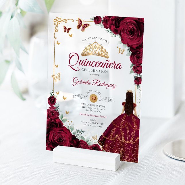 Invitaciones Acrílicas Elegant Chic Burgundy Roses Gold Quinceanera  (Subido por el creador)