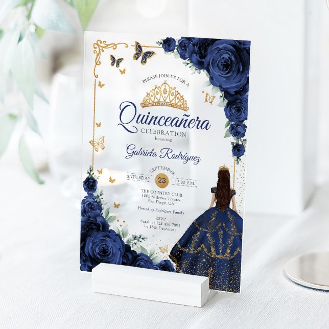 Invitaciones Acrílicas Elegant Chic Navy Roses Gold Quinceanera  (Subido por el creador)