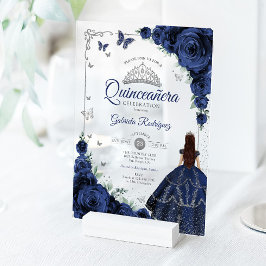 Invitaciones Acrílicas Elegant Chic Navy Roses Silver Quinceanera 