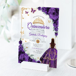 Invitaciones Acrílicas Elegant Chic Purple Roses Gold Quinceanera 
