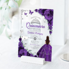 Invitaciones Acrílicas Elegant Chic Purple Roses Silver Quinceanera 