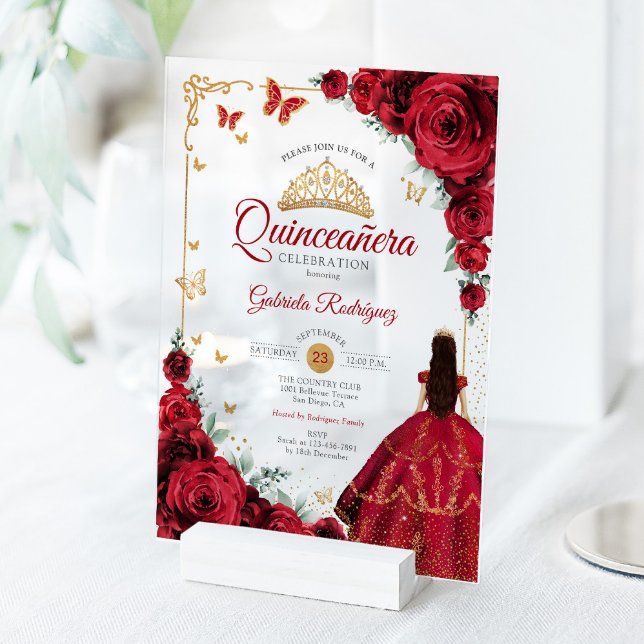 Invitaciones Acrílicas Elegant Chic Red Roses Gold Quinceanera  (Subido por el creador)