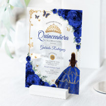 Elegant Chic Royal Blue Roses Gold Quinceanera