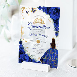 Invitaciones Acrílicas Elegant Chic Royal Blue Roses Gold Quinceanera 