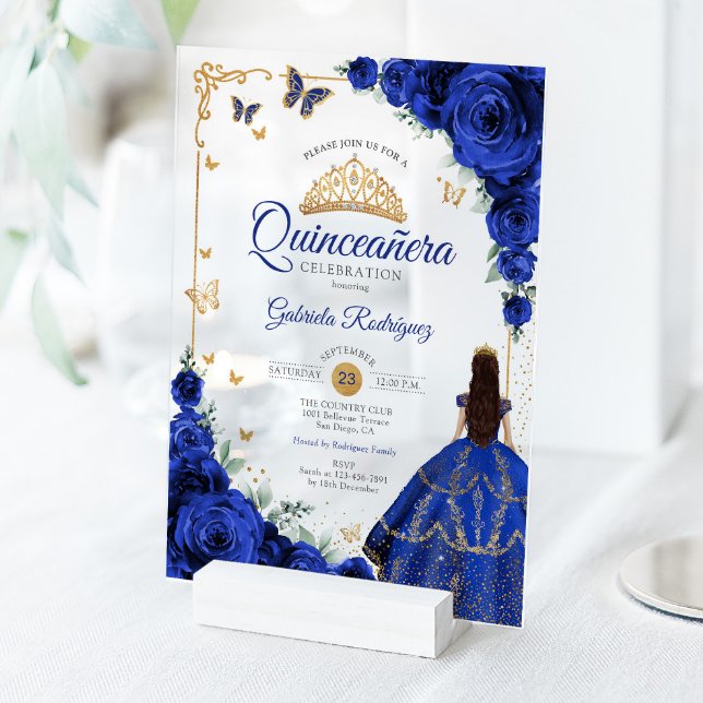 Invitaciones Acrílicas Elegant Chic Royal Blue Roses Gold Quinceanera  (Subido por el creador)