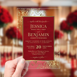 Invitaciones Acrílicas Elegant Crimson Red & Gold Stylish Text Wedding