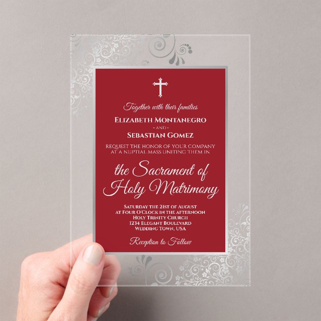 Invitaciones Acrílicas Elegant Crimson Red & Silver Chic Catholic Wedding (Insitu (portátil))