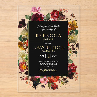 Invitaciones Acrílicas Elegant dark moody flowers black wedding