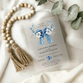 Invitaciones Acrílicas Elegant Dusty Blue Floral Bow Wedding