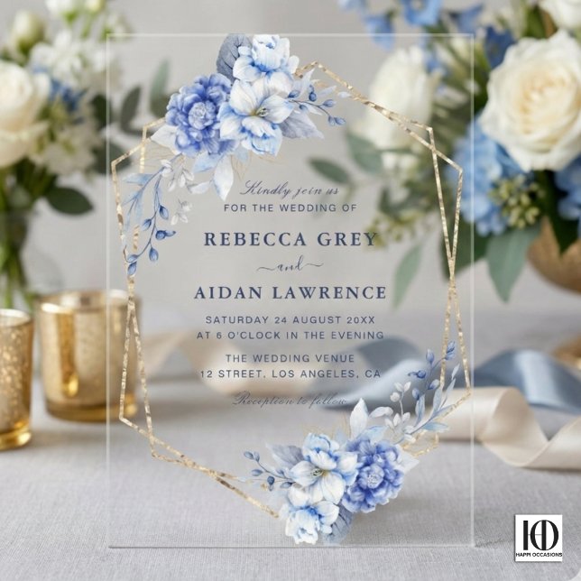 Invitaciones Acrílicas Elegant Dusty Blue Floral Gold Geometric Wedding (Subido por el creador)