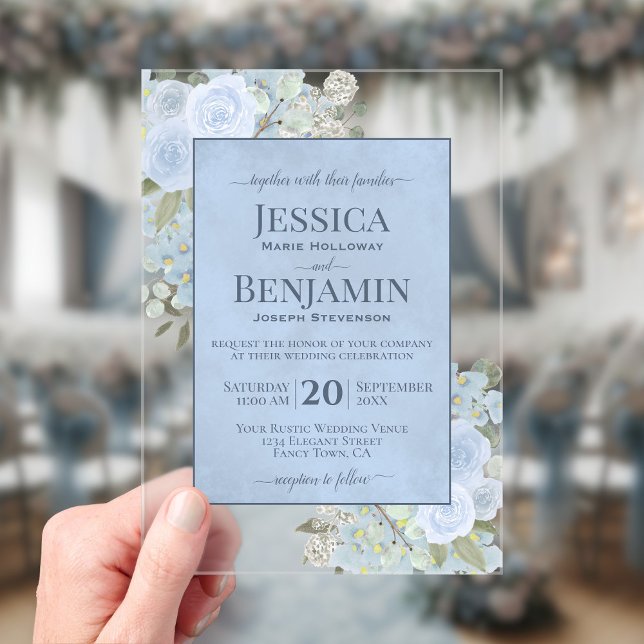 Invitaciones Acrílicas Elegant Dusty Blue Floral Stylish Text Wedding (Clear Acrylic with Rectangle Cut)