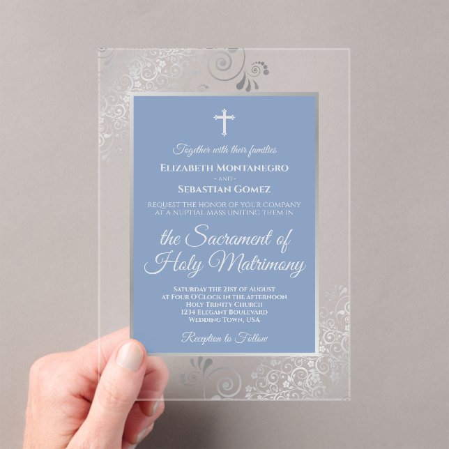 Invitaciones Acrílicas Elegant Dusty Blue Ornate Silver Catholic Wedding (Insitu (portátil))