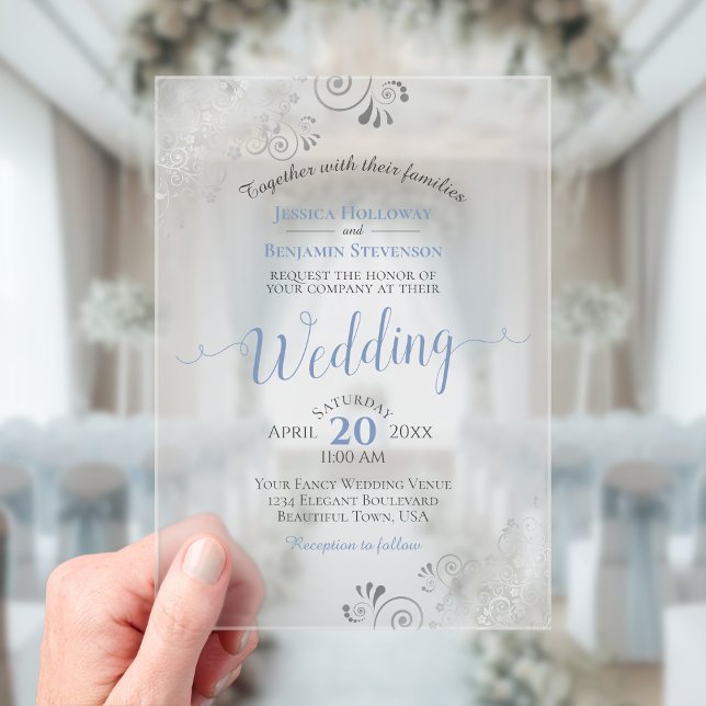 Invitaciones Acrílicas Elegant Dusty Blue & Silver Calligraphy Wedding (Frosted Acrylic with Rectangle Cut)