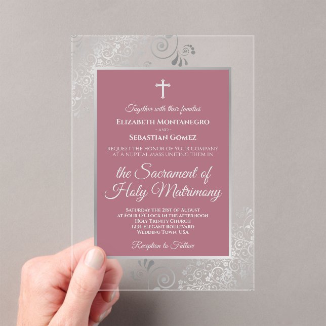 Invitaciones Acrílicas Elegant Dusty Rose Ornate Silver Catholic Wedding (Insitu (portátil))