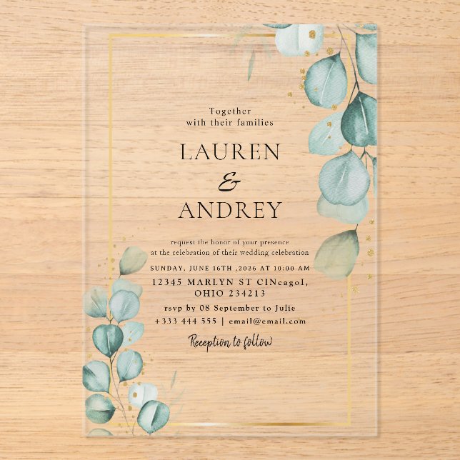 Invitaciones Acrílicas Elegant Eucalyptus Gold Frame Wedding (Anverso)