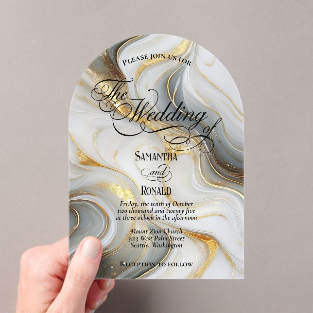 Invitaciones Acrílicas Elegant Faux Gold, Grey and White Marbled Wedding (Insitu (portátil))