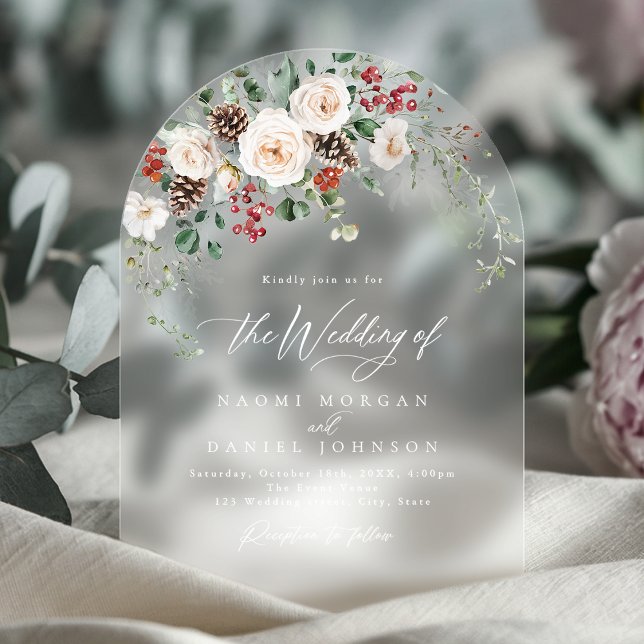 Invitaciones Acrílicas Elegant Festive Floral Holiday Winter Wedding (Elegant Festive Floral Holiday Winter Wedding Acrylic Invitations)