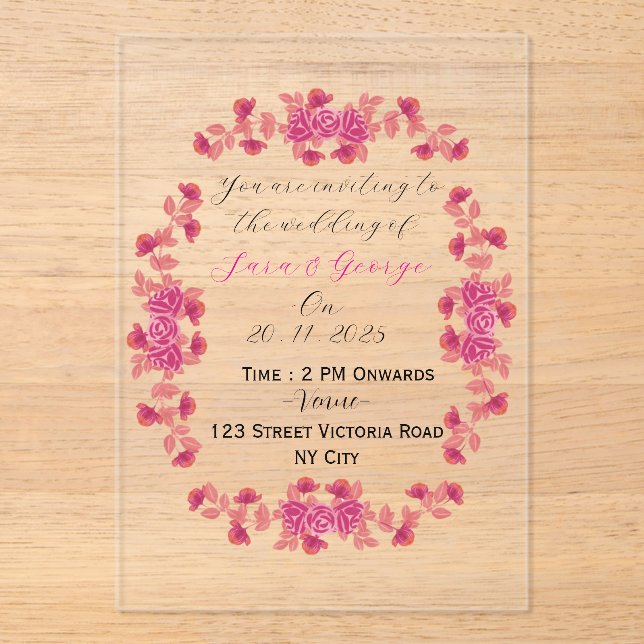 Invitaciones Acrílicas Elegant Floral Acrylic Wedding Invitation  (Anverso)