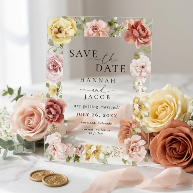 Invitaciones Acrílicas Elegant Floral Blue Pink and Yellow Photo Wedding (Subido por el creador)