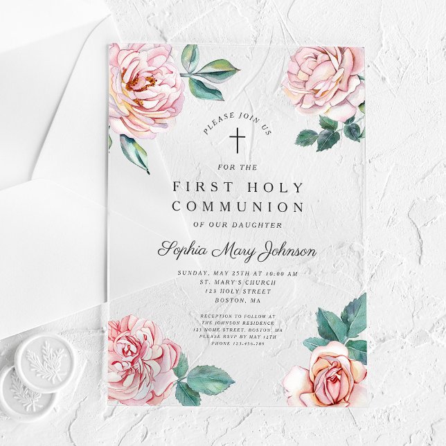 Invitaciones Acrílicas Elegant Floral Cross Girl First Communion (Elegant Floral Cross Girl First Communion Acrylic Invitations)