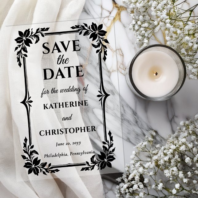 Invitaciones Acrílicas Elegant Floral Frame Wedding Save the Date (Elegant Floral Frame Photo Wedding Black on Clear Acrylic Save the Dates )
