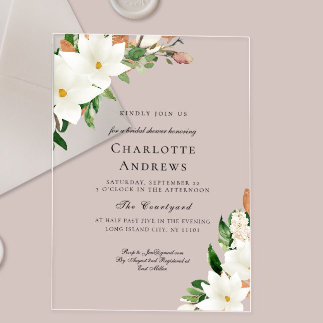 Invitaciones Acrílicas Elegant Floral Magnolia Bridal Shower  (Elegant Floral Magnolia Bridal Shower Acrylic Invitations)
