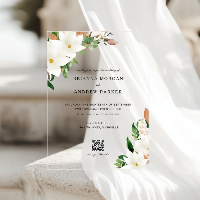 Invitaciones Acrílicas Elegant  Floral Magnolia QR Code Wedding (Elegant Floral Magnolia QR Code Wedding Acrylic Invitations)