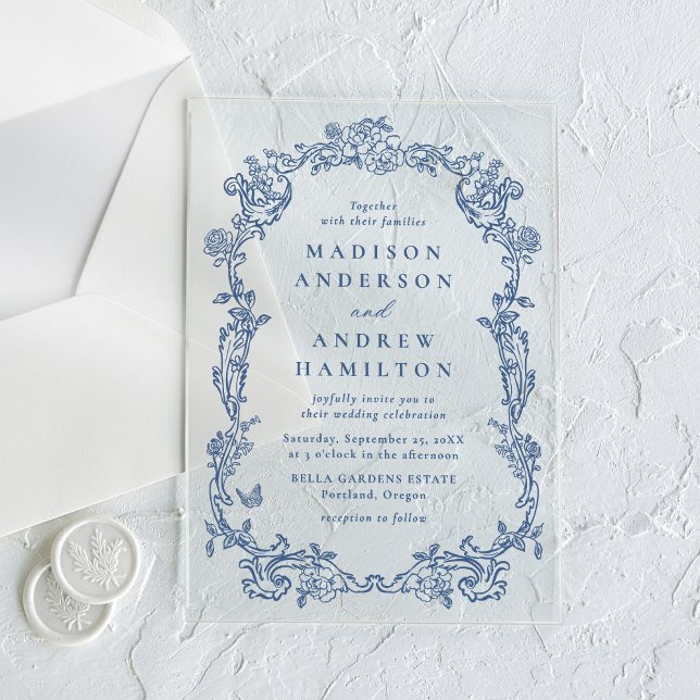 Invitaciones Acrílicas Elegant French Blue Victorian Floral Frame Wedding (Subido por el creador)