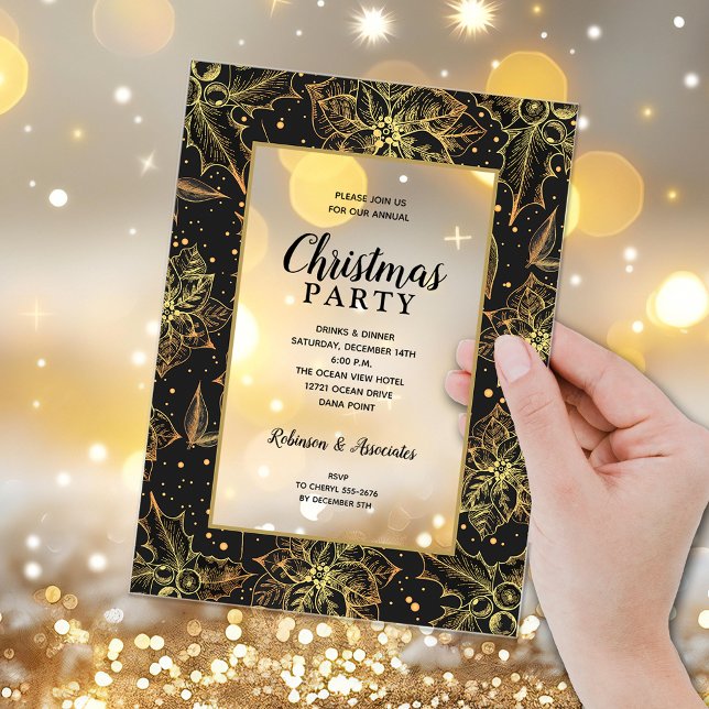 Invitaciones Acrílicas Elegant Gold and Black Floral Christmas Party (Elegant gold poinsettias and holly on black Christmas party ACRYLIC invitations)