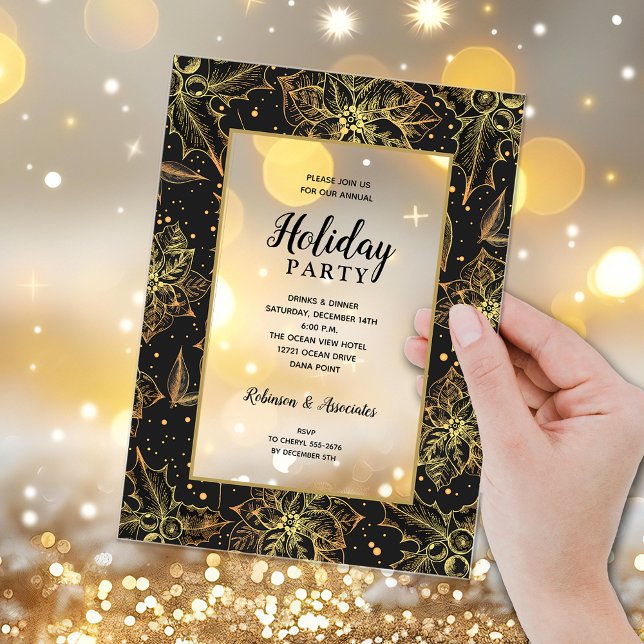 Invitaciones Acrílicas Elegant Gold and Black Floral Holiday Party (Elegant gold poinsettias and holly on black holiday party ACRYLIC invitations)