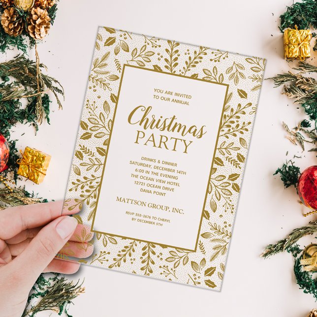 Invitaciones Acrílicas Elegant Gold Botanicals Christmas Party (Elegant gold botanicals border CLEAR ACRYLIC Christmas holiday party invitations)