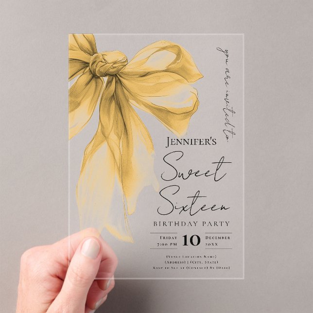 Invitaciones Acrílicas Elegant Gold Bow Coquette Script Sweet 16 Party (Insitu (portátil))