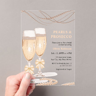 Invitaciones Acrílicas Elegant Gold Bow Pearls and Prosecco Bridal Shower