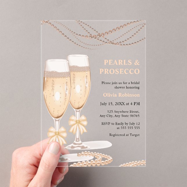 Invitaciones Acrílicas Elegant Gold Bow Pearls and Prosecco Bridal Shower (Insitu (portátil))