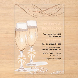 Invitaciones Acrílicas Elegant Gold Bow Pearls and Prosecco Bridal Shower