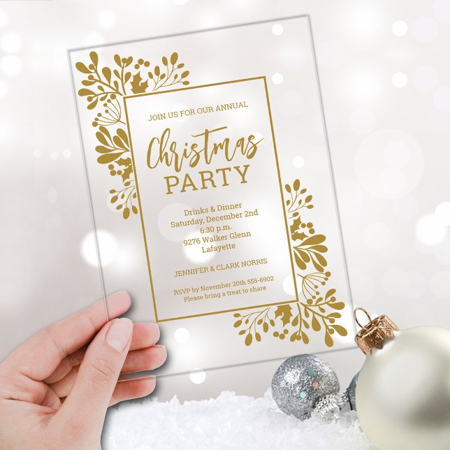 Invitaciones Acrílicas Elegant Gold Foliage Christmas Party (Elegant gold foliage CLEAR ACRYLIC Christmas party invitations)