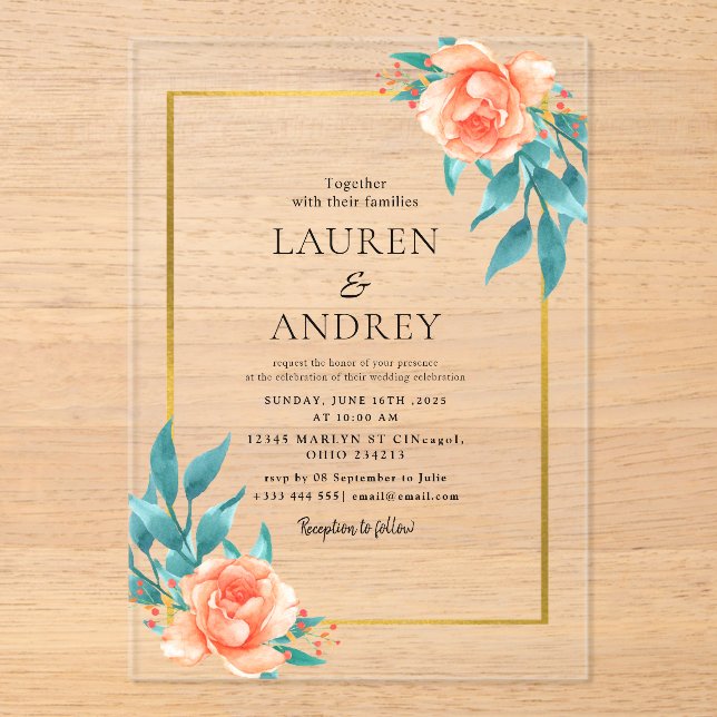 Invitaciones Acrílicas Elegant Gold Frame Wedding  (Anverso)