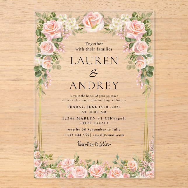 Invitaciones Acrílicas Elegant Gold Frame Wedding  (Anverso)